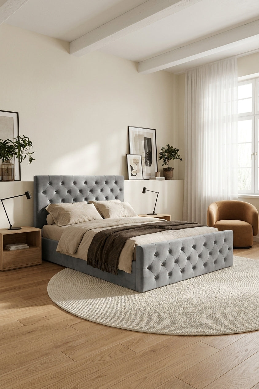 Lit coffre capitonné velours gris 160x200 cm sommier inclus VICTORIA