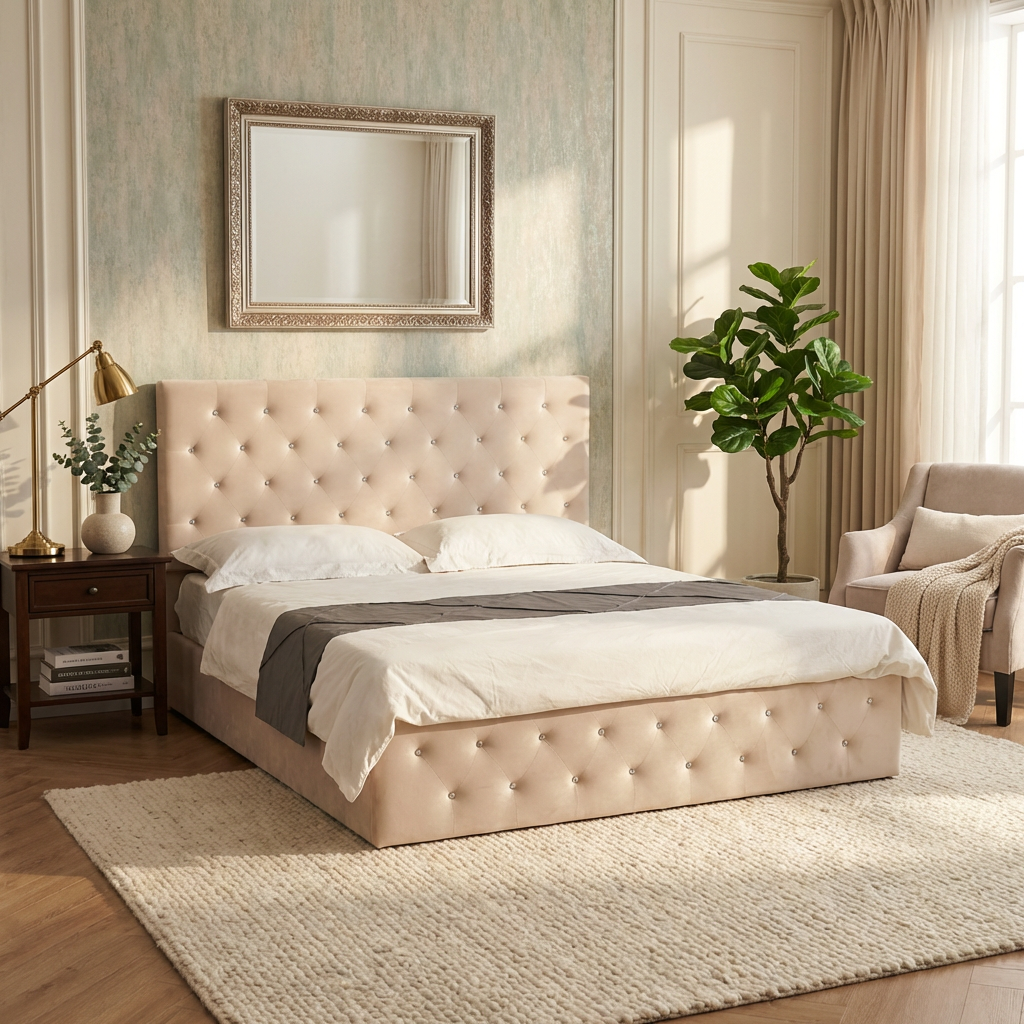Lit coffre capitonné velours beige 160x200 cm sommier inclus VICTORIA
