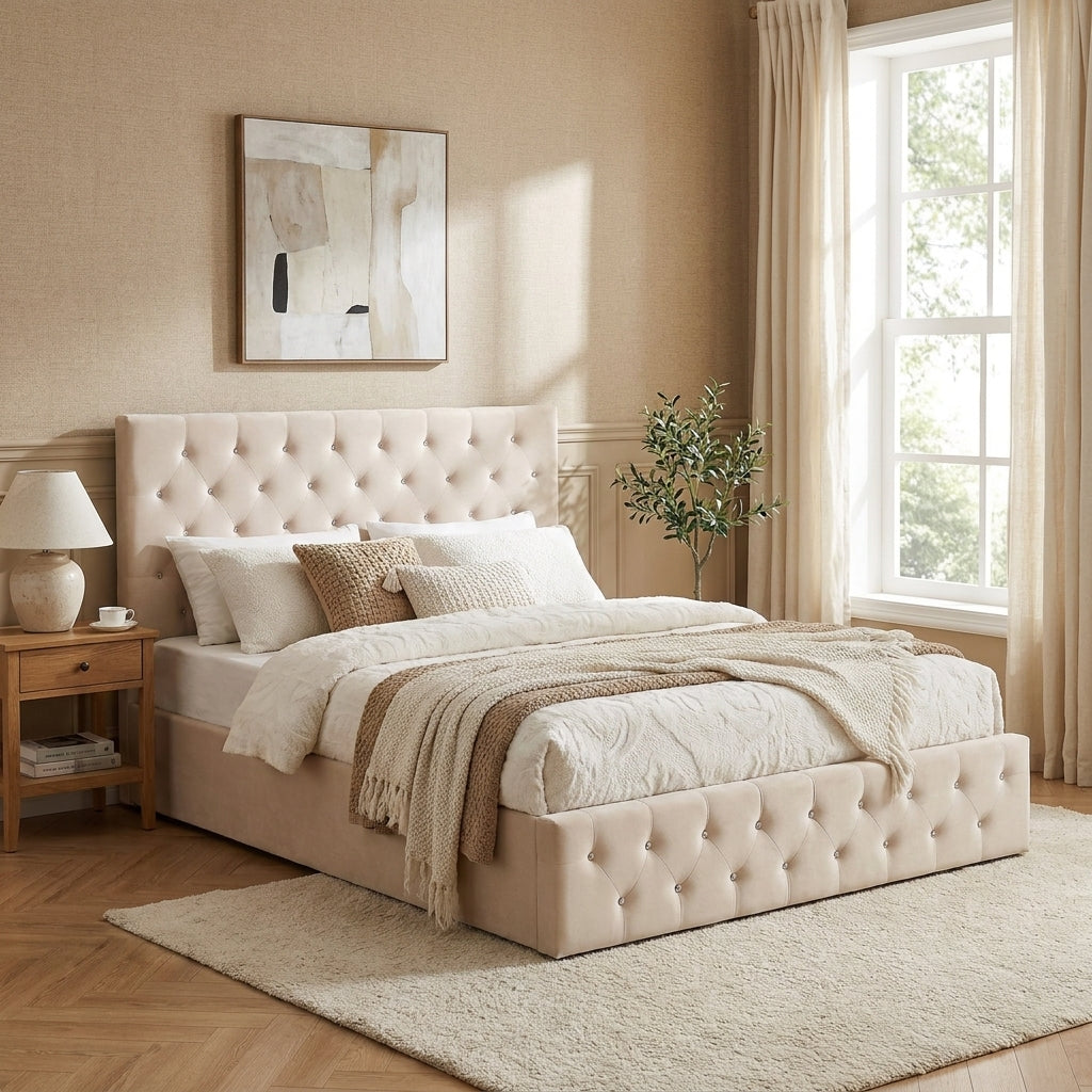 Lit coffre capitonné velours beige 160x200 cm sommier inclus VICTORIA