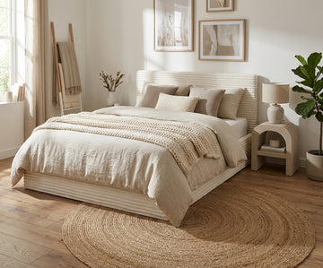Lit Coffre MAIA 140x190 cm Velours Côtelé Écru avec Sommier