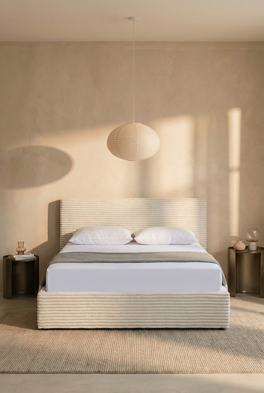 Lit Coffre 160x200cm Velours Côtelé Écru avec Sommier MAIA