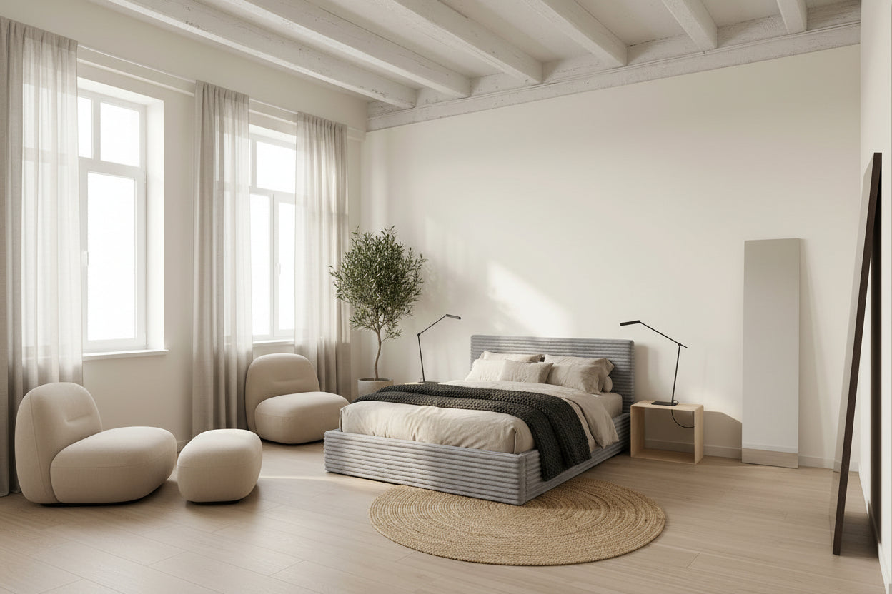 Lit coffre 160x200 cm côtelé gris sommier MAIA