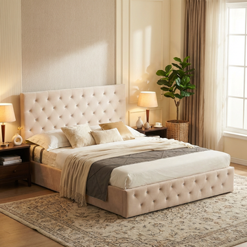 Lit coffre capitonné velours beige 140x190 cm sommier inclus VICTORIA
