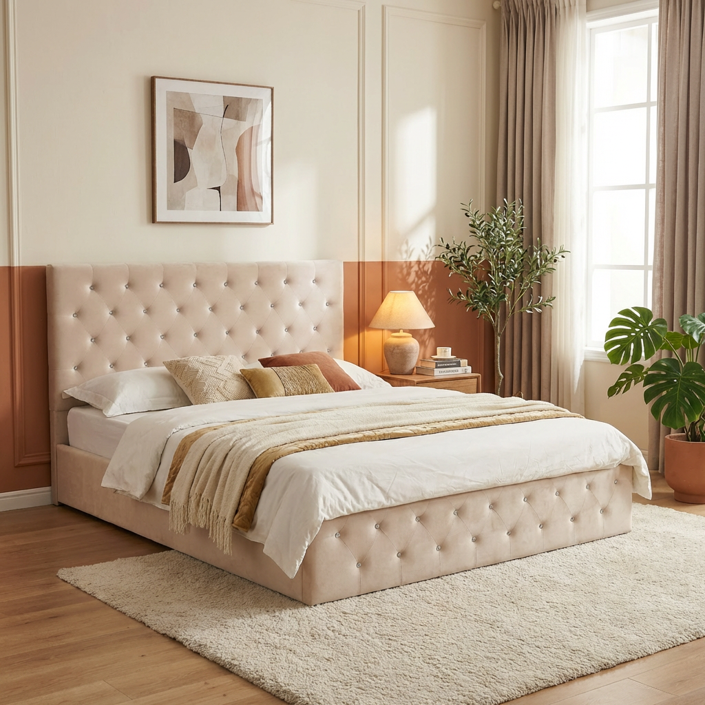 Lit coffre capitonné velours beige 140x190 cm sommier inclus VICTORIA