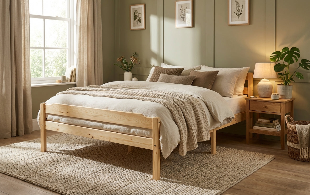 Lit double 140x190 cm pin naturel lattes sommier inclus DAVID