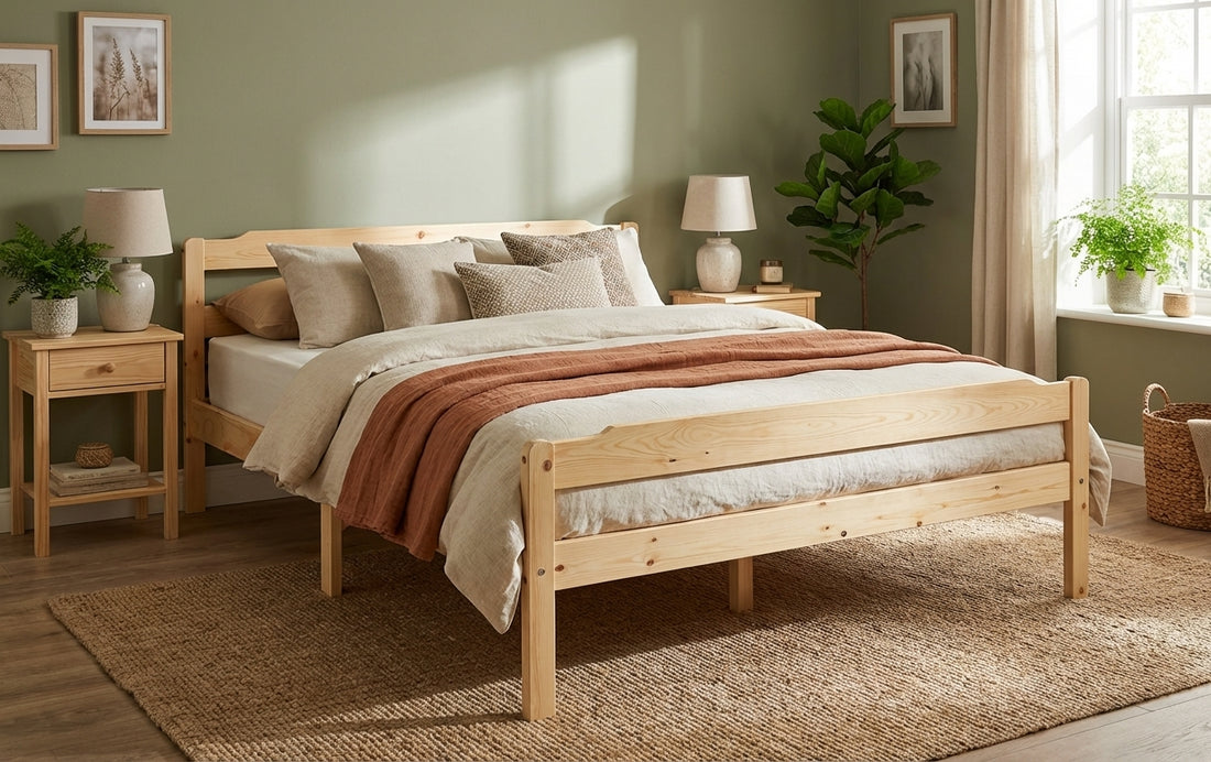 Lit double 140x190 cm pin naturel lattes sommier inclus DAVID