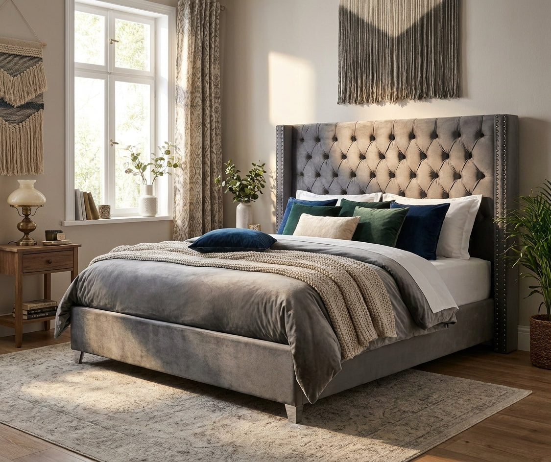 Lit double 180x200 cm velours gris tête capitonnée sommier inclus PRINCESSE