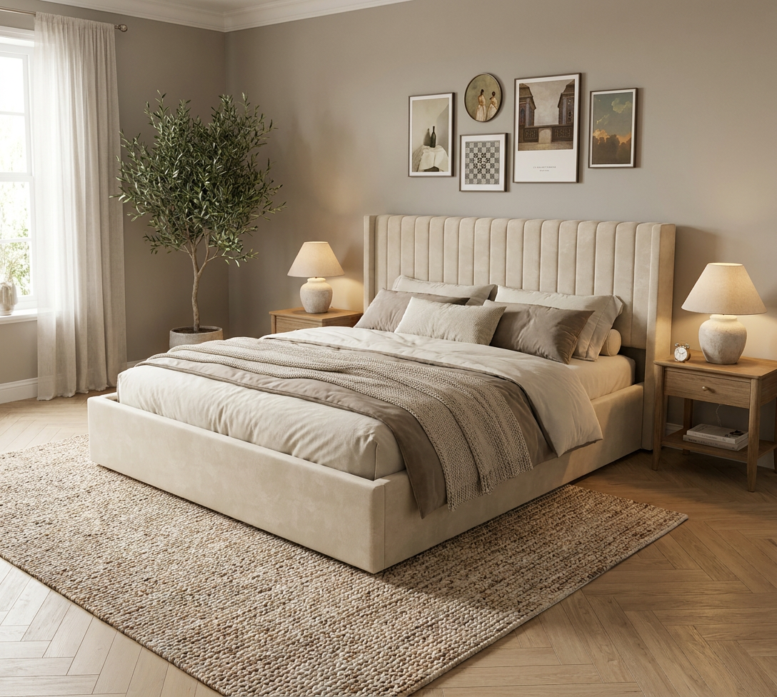 Lit Coffre – Velours Beige & Sommier Lattes | 140x190 cm