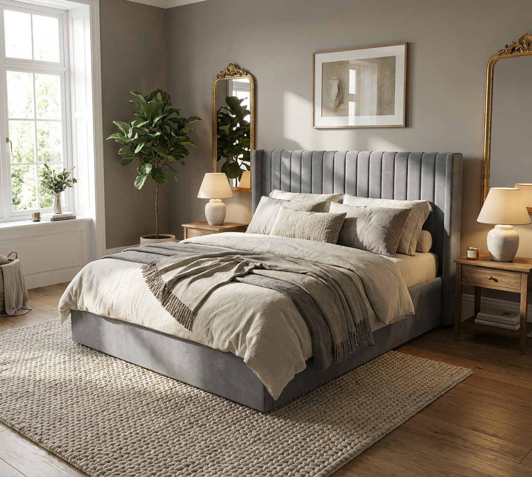 Lit Coffre 140x190 – Velours Gris Sommier Inclus