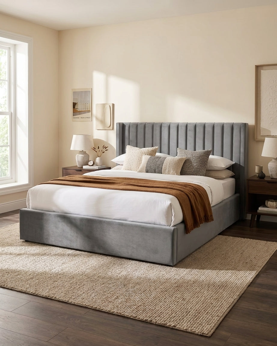 Lit Coffre 140x190 – Velours Gris Sommier Inclus