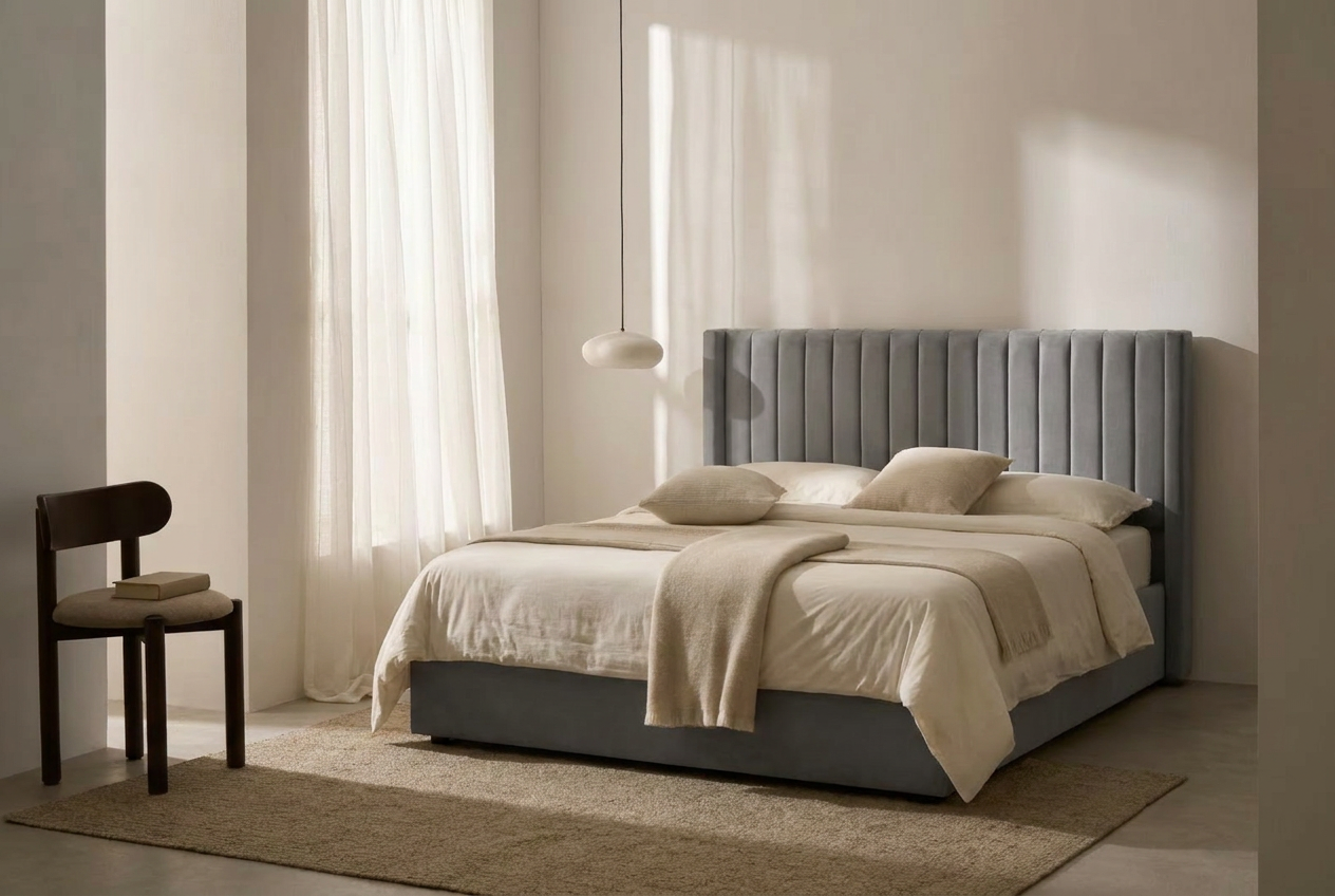 Lit Coffre 140x190 – Velours Gris Sommier Inclus