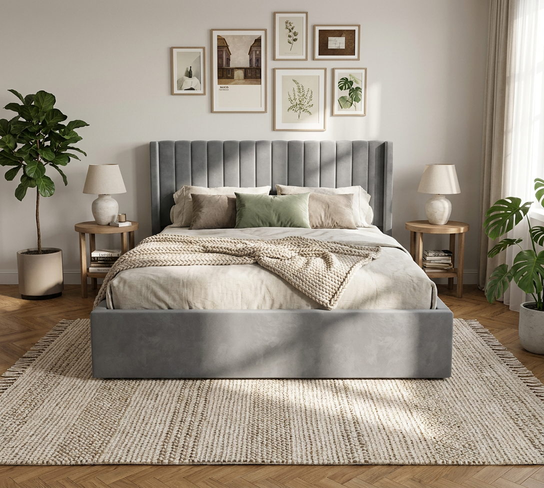 Lit Coffre 160x200 – Velours Gris Sommier Inclus