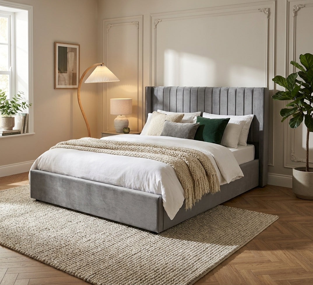 Lit Coffre 180x200 – Velours Gris Sommier Inclus