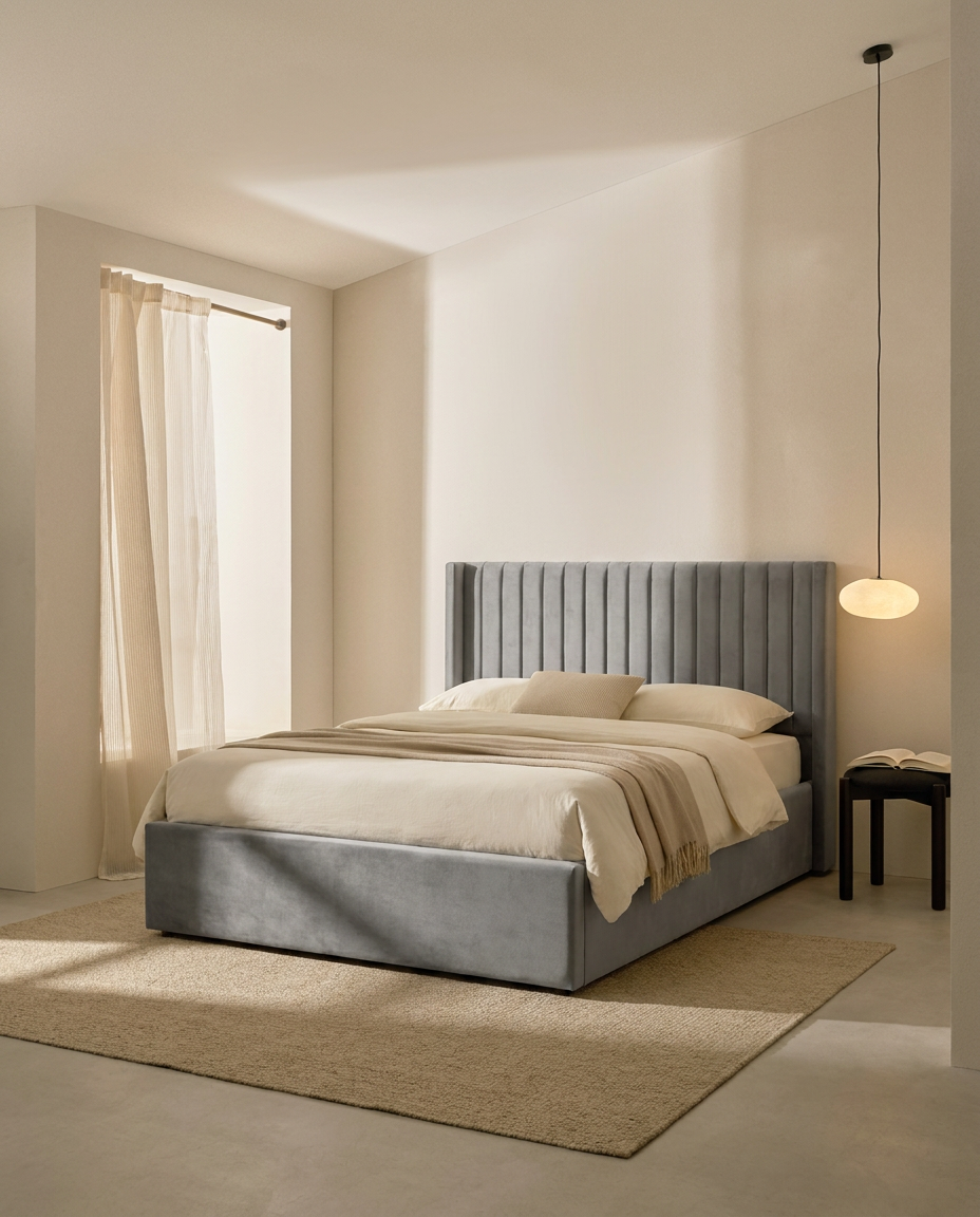 Lit Coffre 180x200 – Velours Gris Sommier Inclus