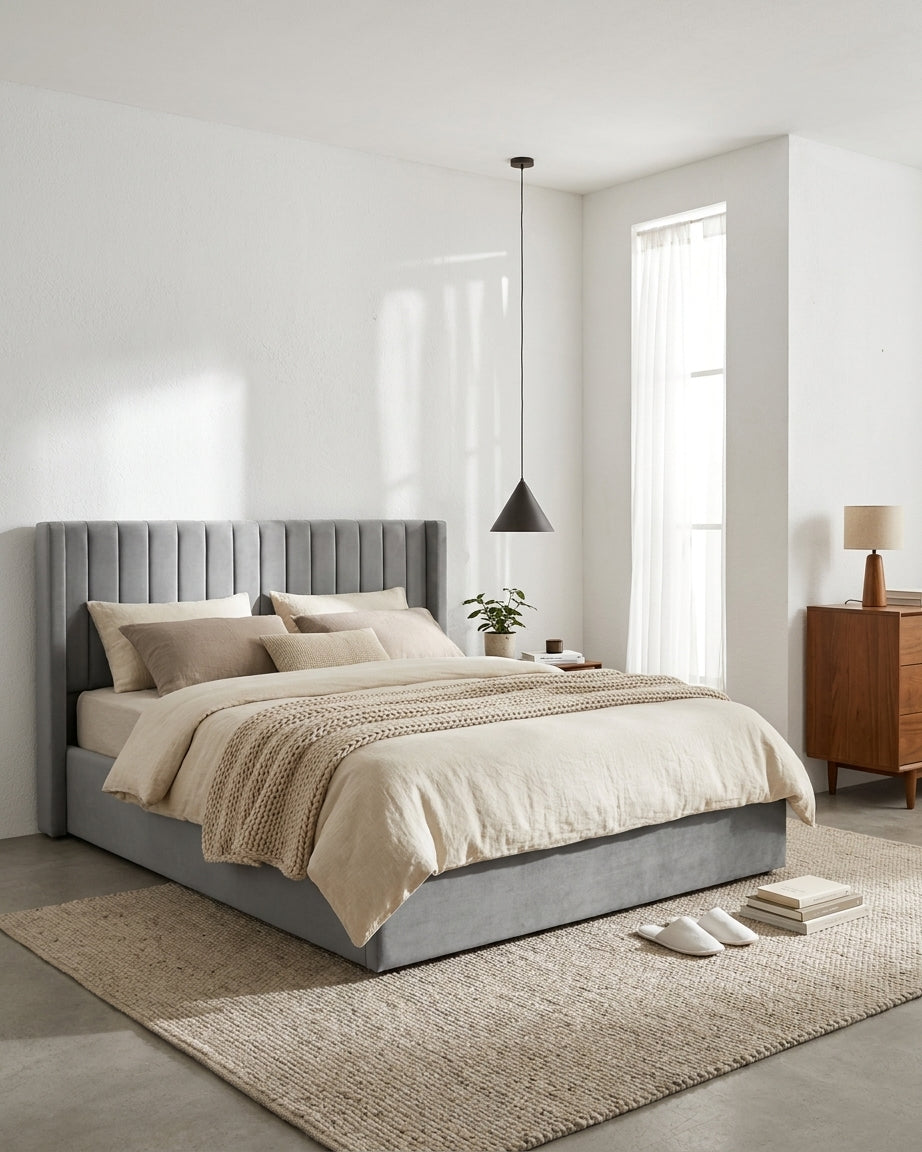 Lit Coffre 180x200 – Velours Gris Sommier Inclus
