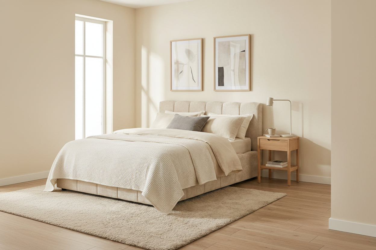Lit Coffre 140x190 cm –  Tissu Chenille Beige , Sommier à Lattes Inclus