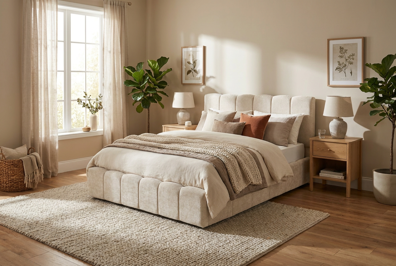 Lit Coffre 140x190 cm –  Tissu Chenille Beige , Sommier à Lattes Inclus