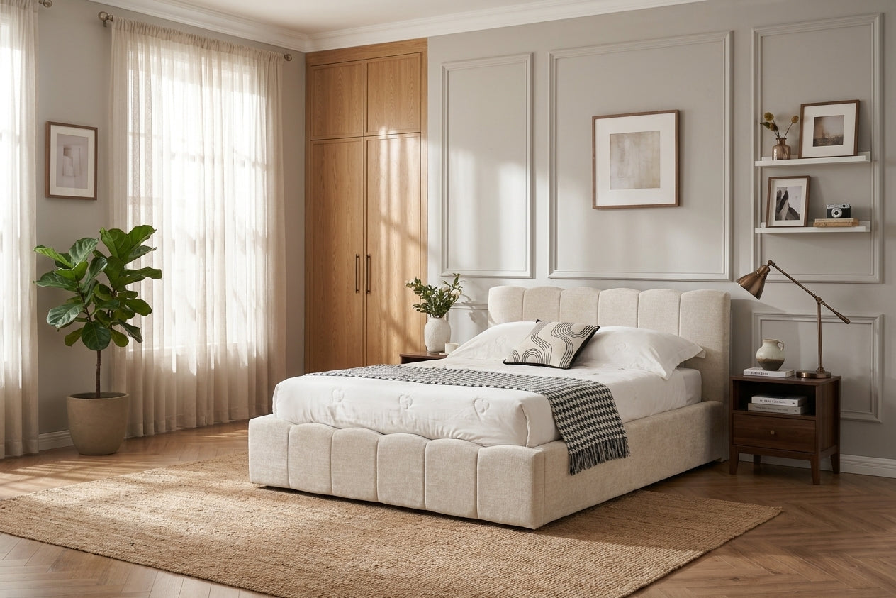 Lit Coffre 140x190 cm –  Tissu Chenille Beige , Sommier à Lattes Inclus