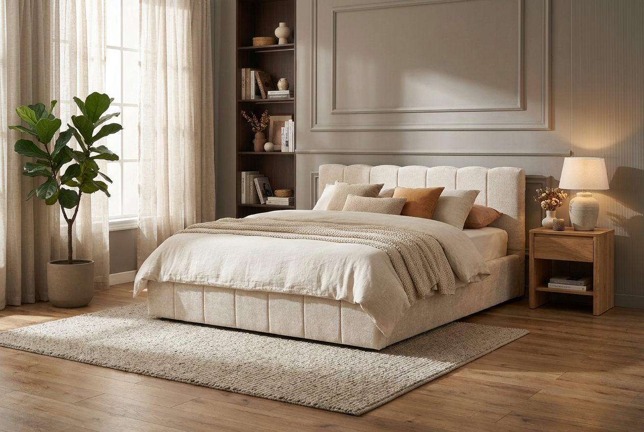 Lit Coffre 160x200 cm – Tissu Chenille Beige, Sommier à Lattes Inclus