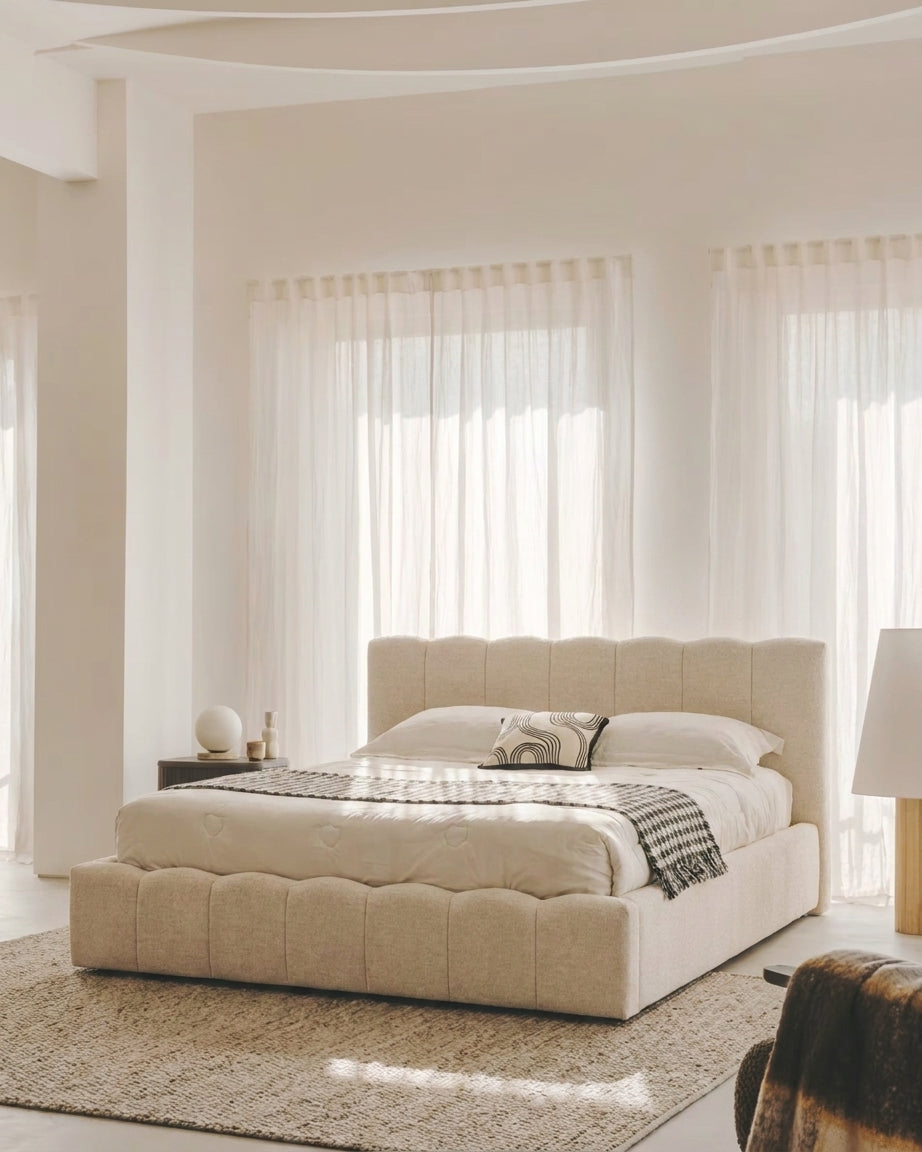 Lit Coffre 160x200 cm – Tissu Chenille Beige, Sommier à Lattes Inclus