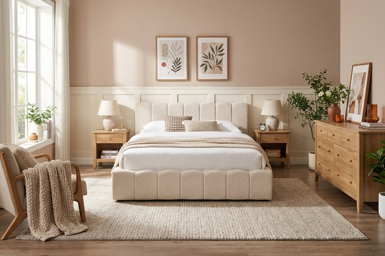 Lit Coffre 160x200 cm – Tissu Chenille Beige, Sommier à Lattes Inclus