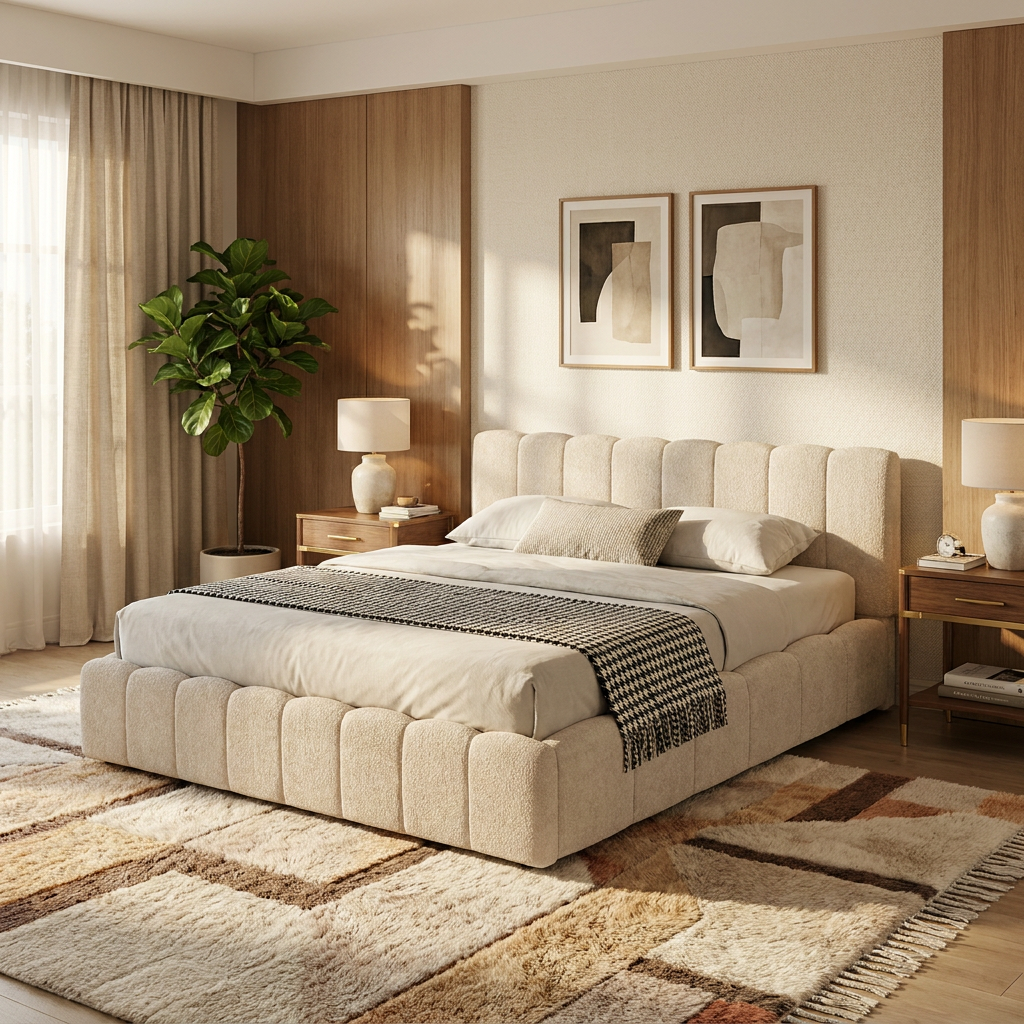 Lit Coffre 180x200 cm – Tissu Chenille Beige, Sommier à Lattes Inclus