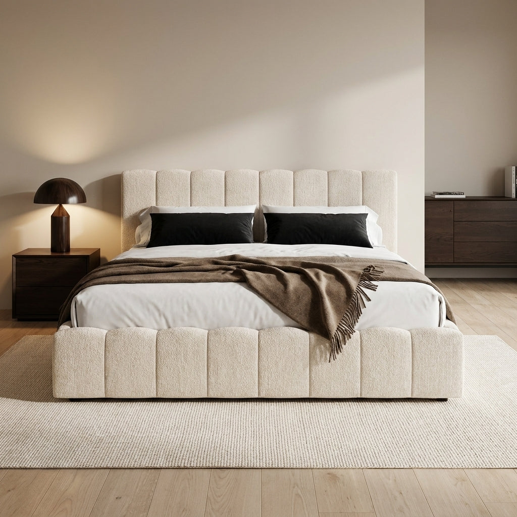 Lit Coffre 180x200 cm – Tissu Chenille Beige, Sommier à Lattes Inclus