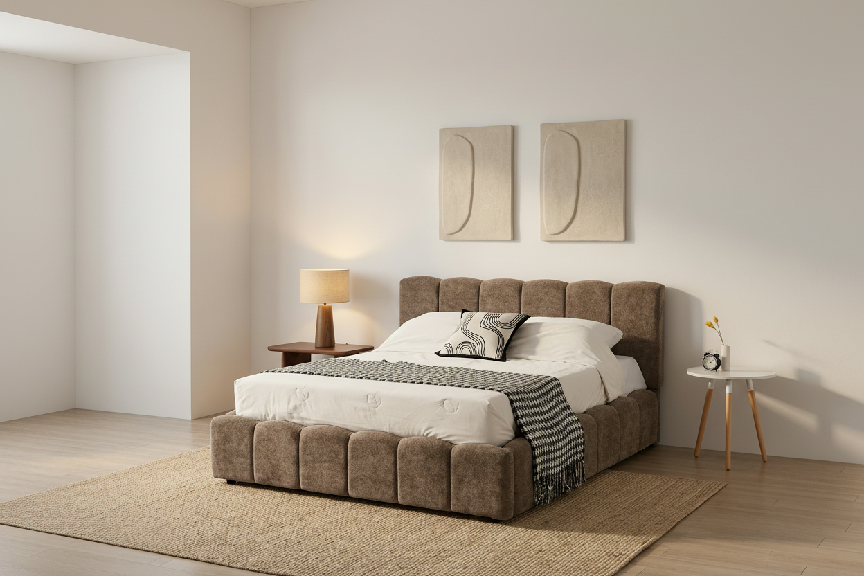 Lit Coffre 140x190 cm – Tissu Chenille Moka, Sommier à Lattes Inclus