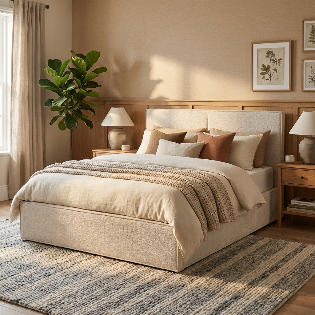 Lit coffre double tissu chenille beige sommier relevable 140x190 cm OLIVIA