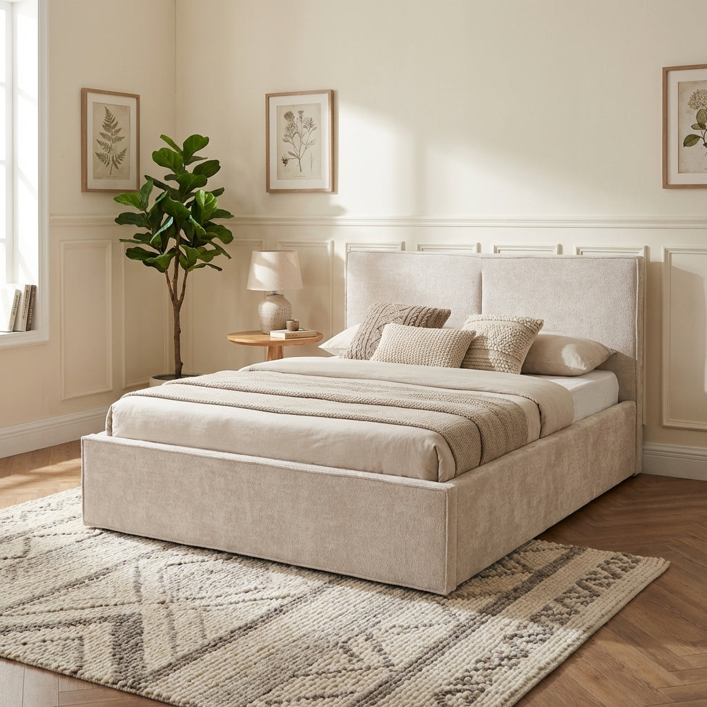 Lit coffre double tissu chenille beige sommier relevable 140x190 cm OLIVIA