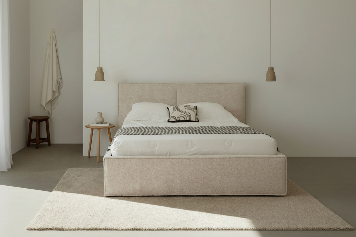 Lit coffre double tissu chenille beige sommier relevable 160x200 cm OLIVIA