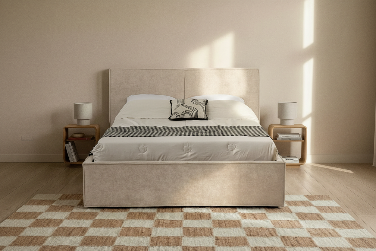 Lit coffre double tissu chenille beige sommier relevable 160x200 cm OLIVIA