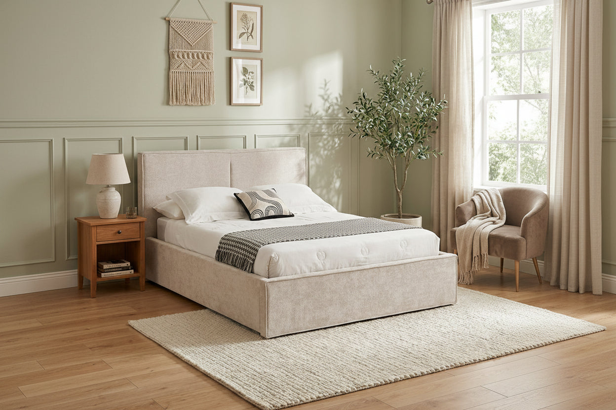 Lit coffre double tissu chenille beige sommier relevable 160x200 cm OLIVIA