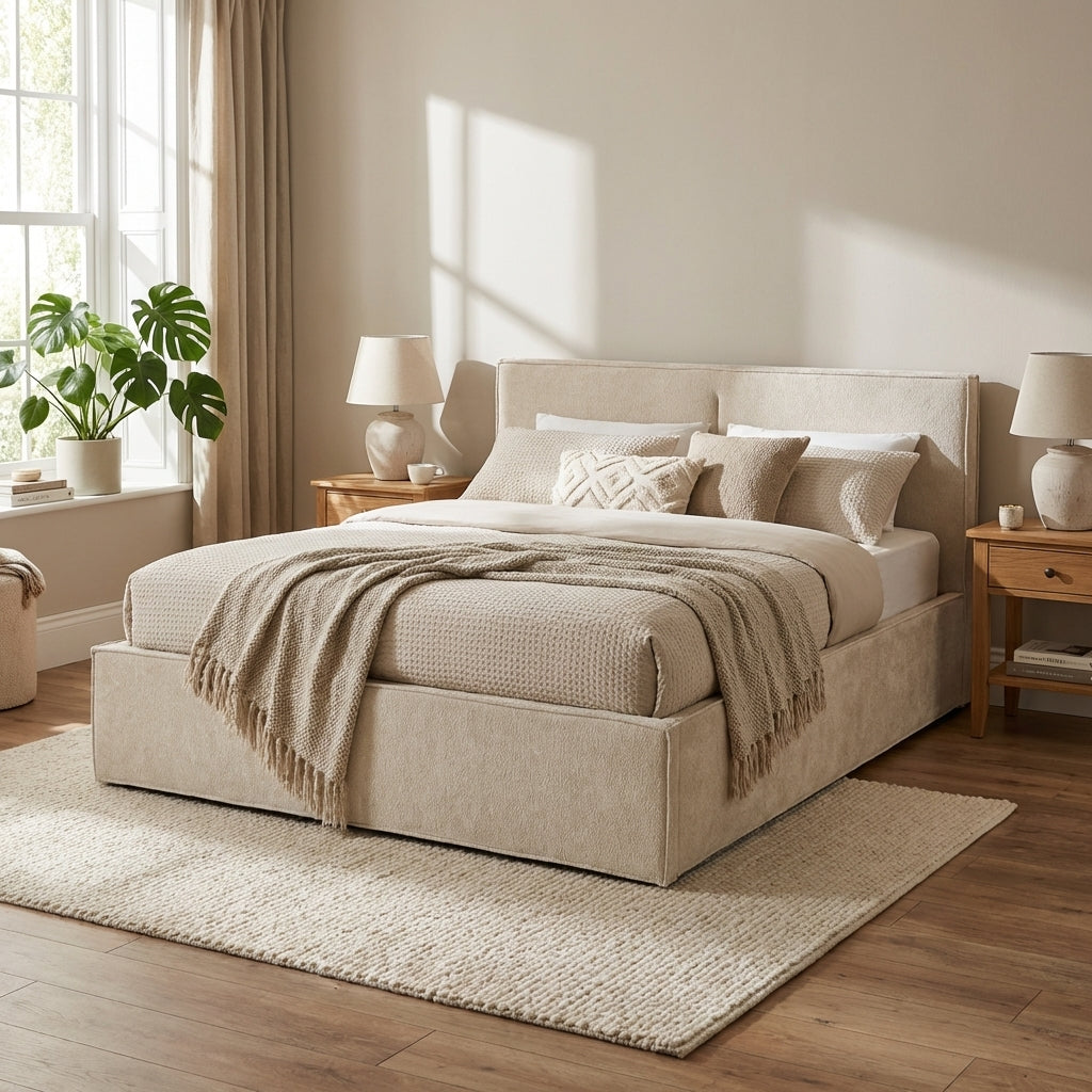 Lit coffre double tissu chenille beige sommier relevable 180x200 cm OLIVIA