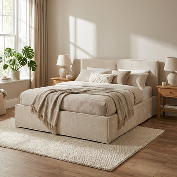 Lit coffre double tissu chenille beige sommier relevable 180x200 cm OLIVIA