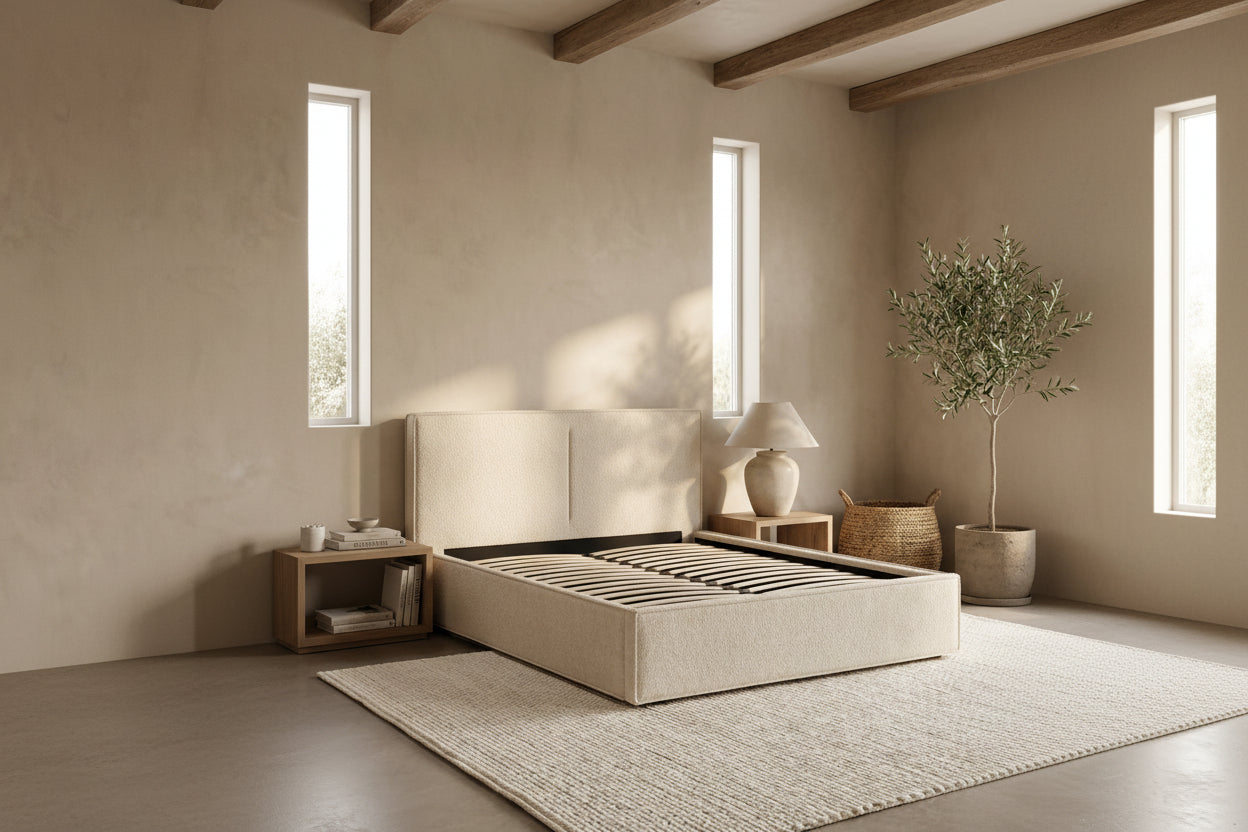 Lit coffre double tissu chenille beige sommier relevable 180x200 cm OLIVIA