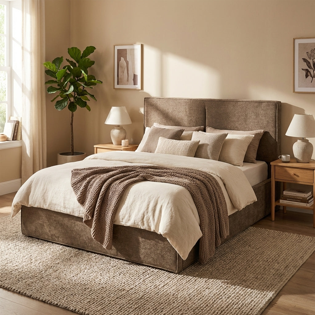Lit coffre double tissu chenille moka sommier relevable 140x190 cm OLIVIA