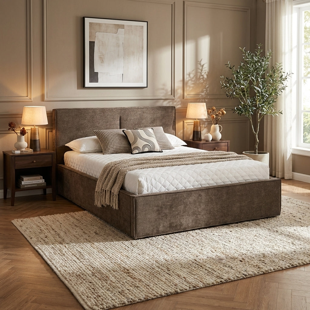 Lit coffre double tissu chenille moka sommier relevable 140x190 cm OLIVIA