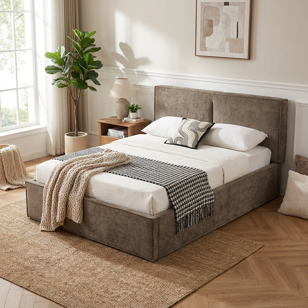 Lit coffre double tissu chenille moka sommier relevable 140x190 cm OLIVIA
