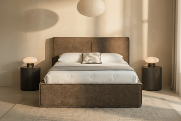 Lit coffre double tissu chenille moka sommier relevable 160x200 cm OLIVIA