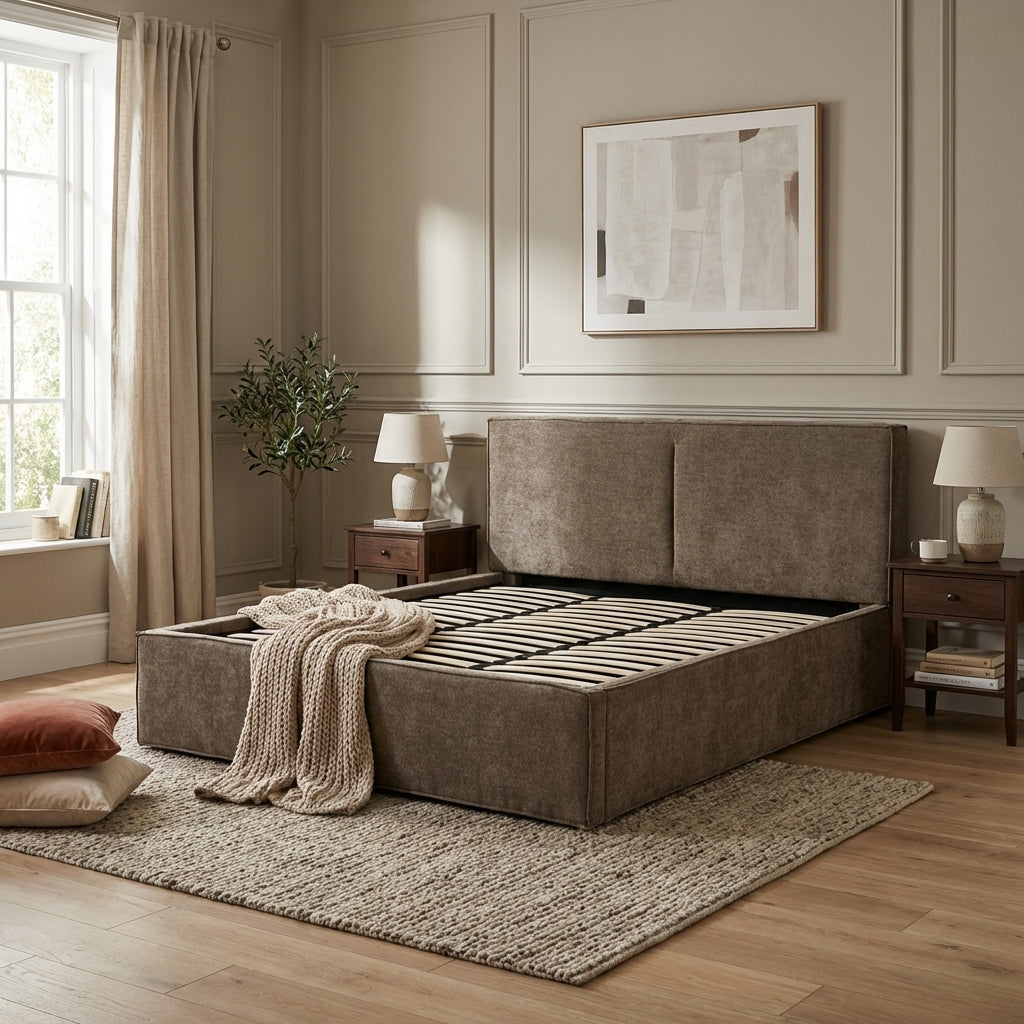 Lit coffre double tissu chenille moka sommier relevable 180x200 cm OLIVIA
