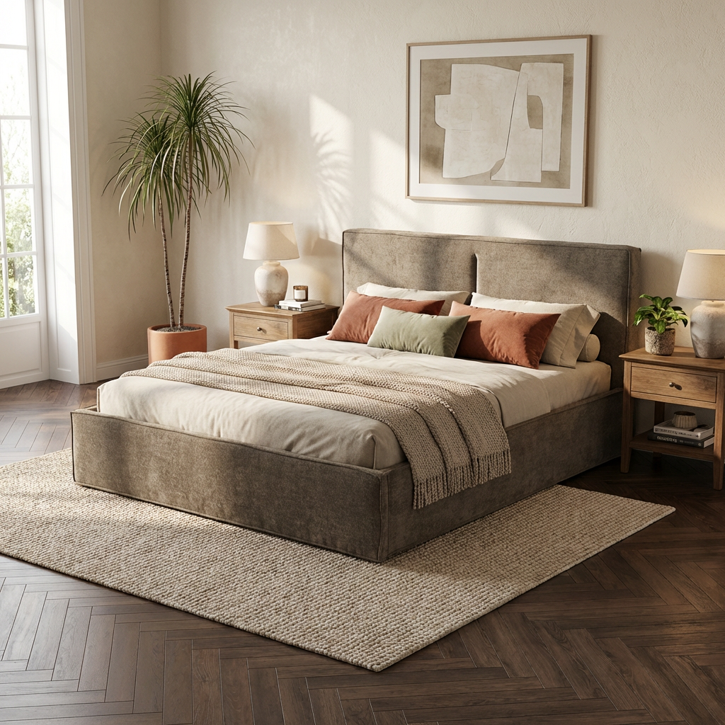 Lit coffre double tissu chenille moka sommier relevable 180x200 cm OLIVIA