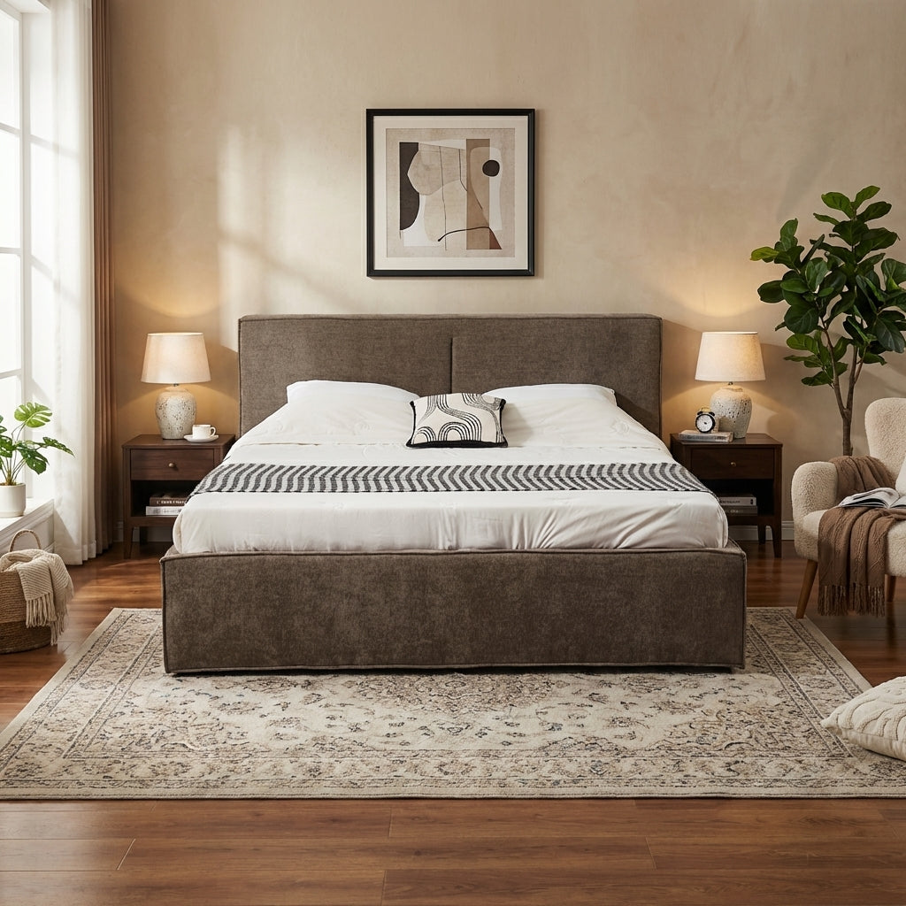 Lit coffre double tissu chenille moka sommier relevable 180x200 cm OLIVIA