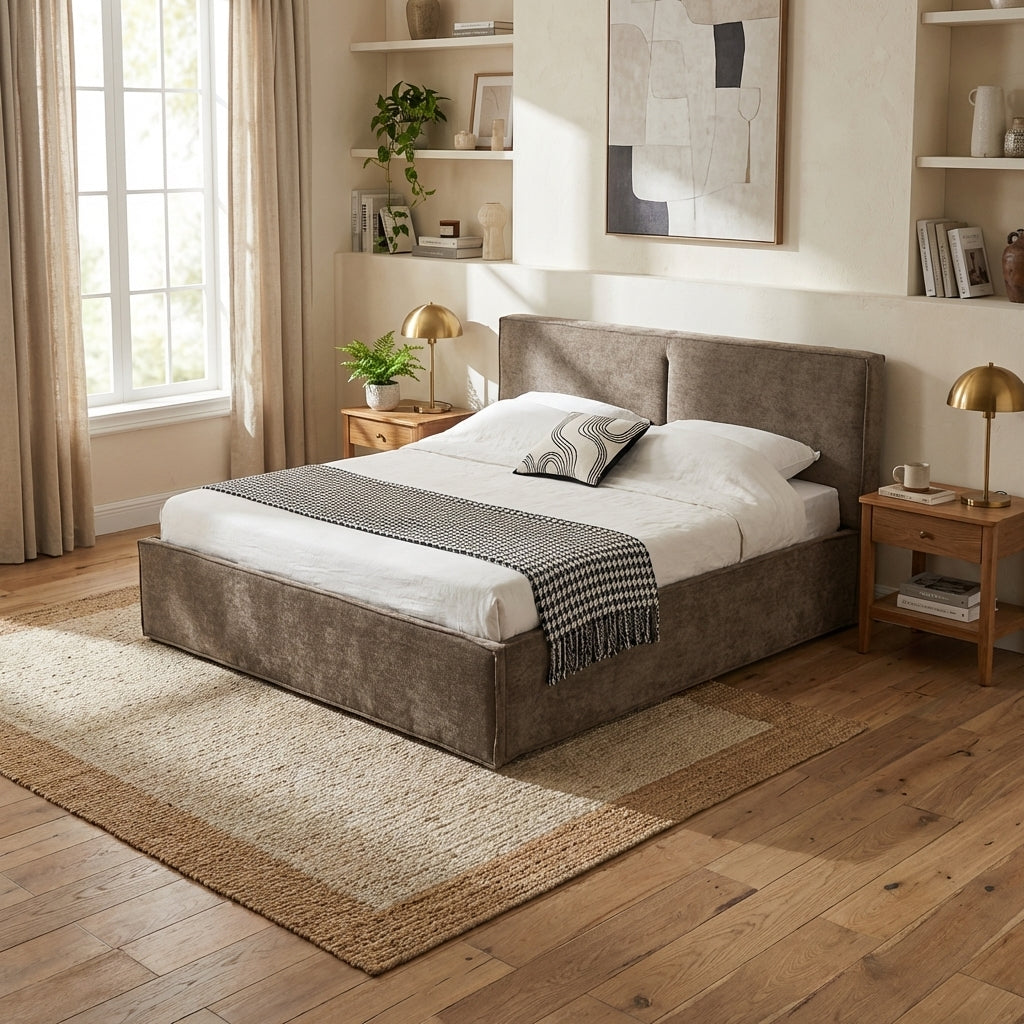 Lit coffre double tissu chenille moka sommier relevable 180x200 cm OLIVIA