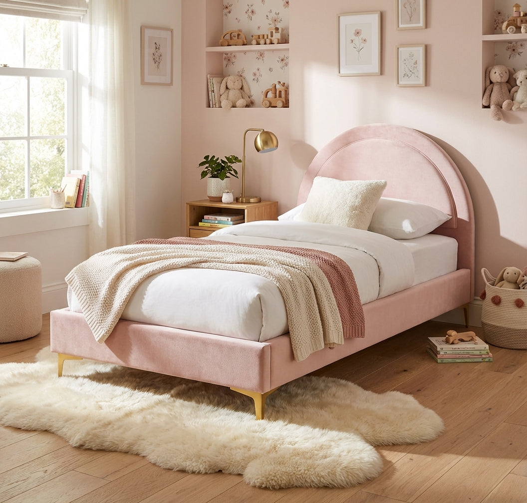 Lit enfant 90x190 cm tissu rose sommier inclus BOUDOIR