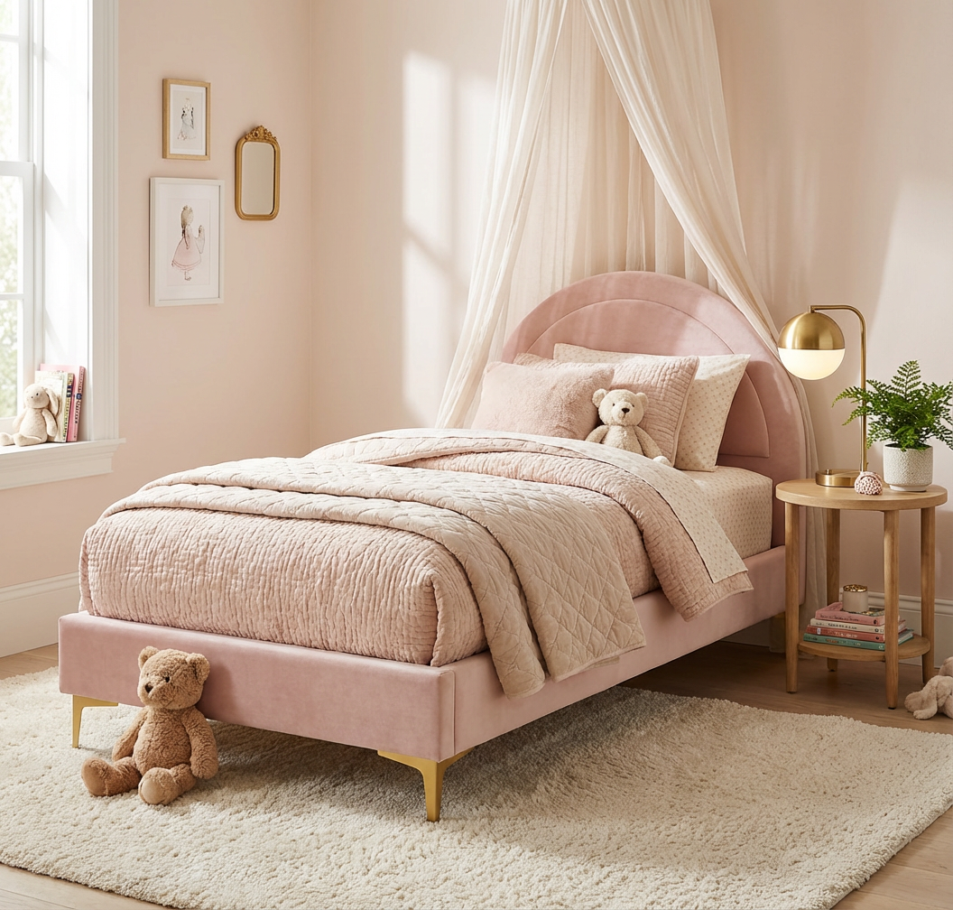 Lit enfant 90x190 cm tissu rose sommier inclus BOUDOIR