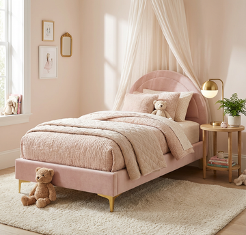 Lit enfant 90x190 cm tissu rose sommier inclus BOUDOIR
