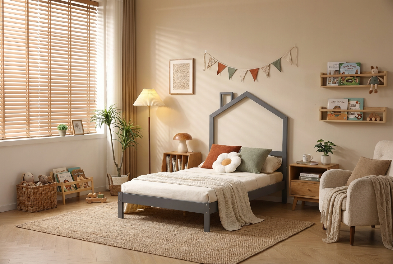 Lit enfant cabane métal gris 90x190 cm avec sommier MONTEIRO