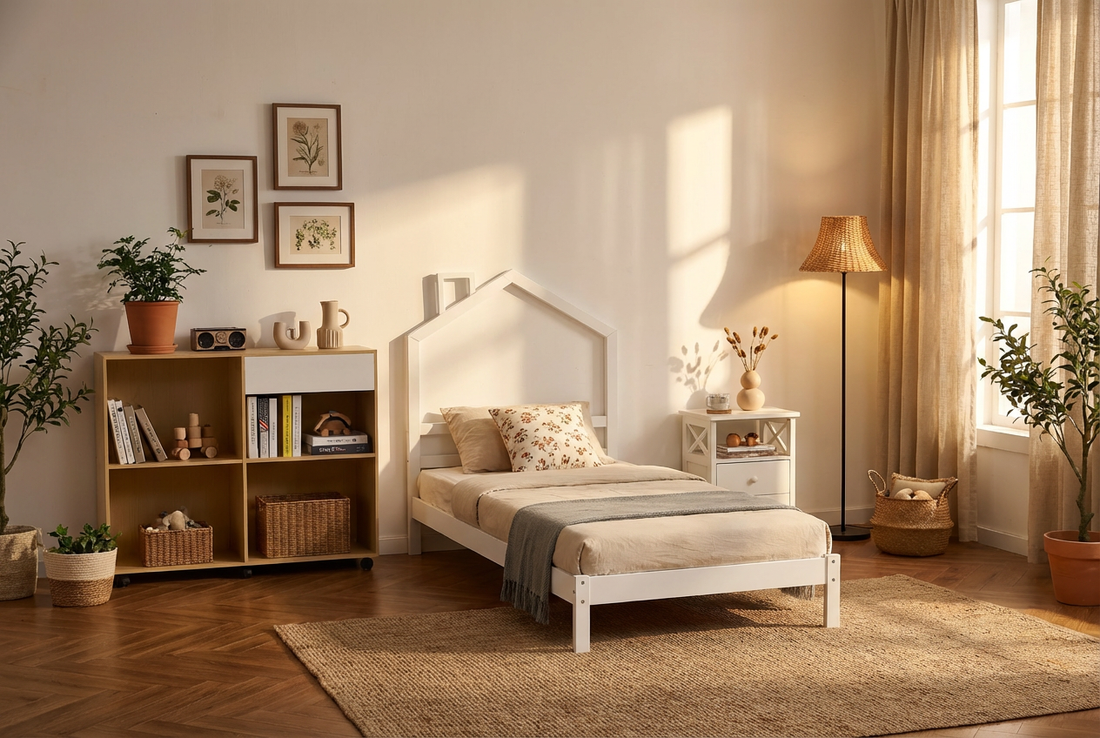 Lit enfant cabane métal blanc 90x190 cm avec sommier MONTEIRO