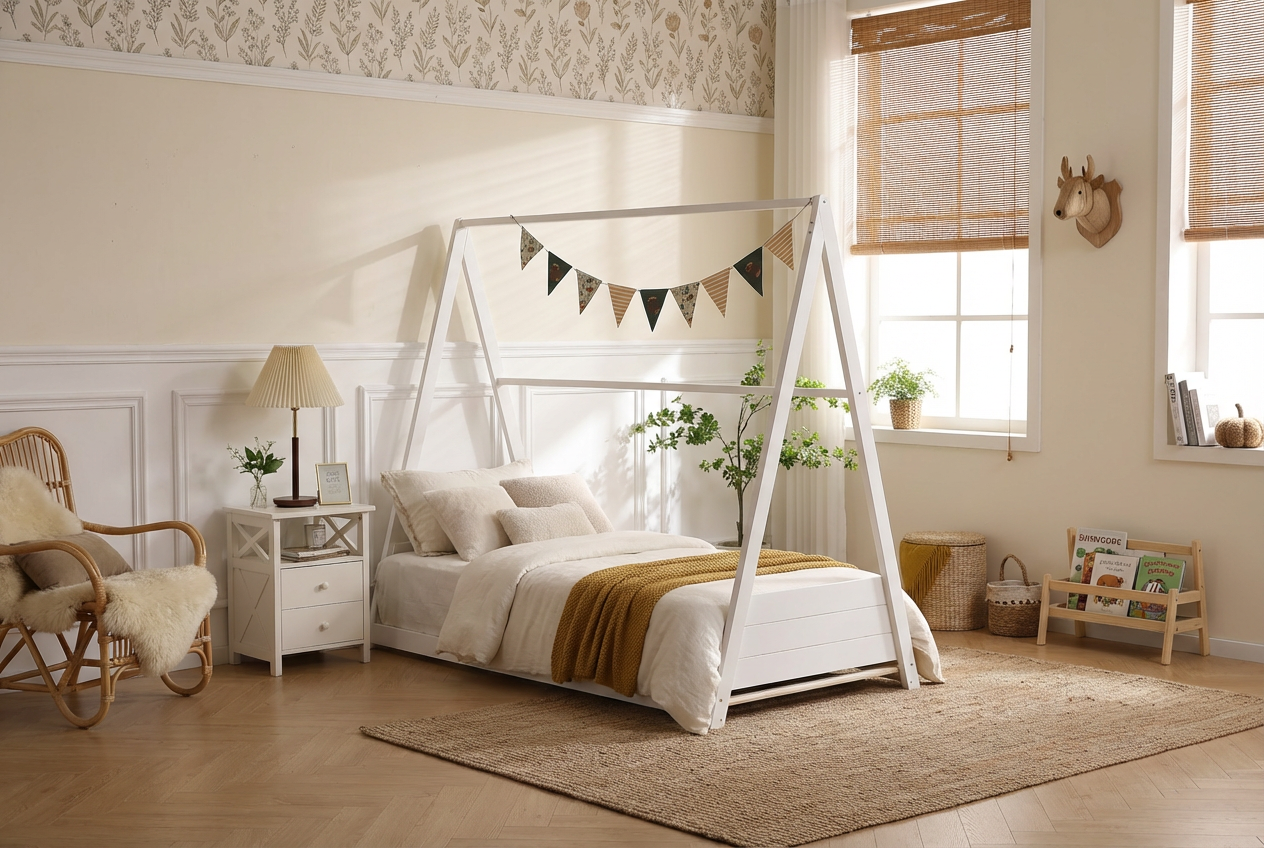 Lit enfant tipi bois blanc 90x190 cm avec sommier TIPI